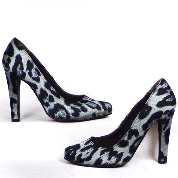 FOREVER 21 size 6 black/silver-gray satin ultra-high-heel almond-toe pumps - Picture 1 of 16